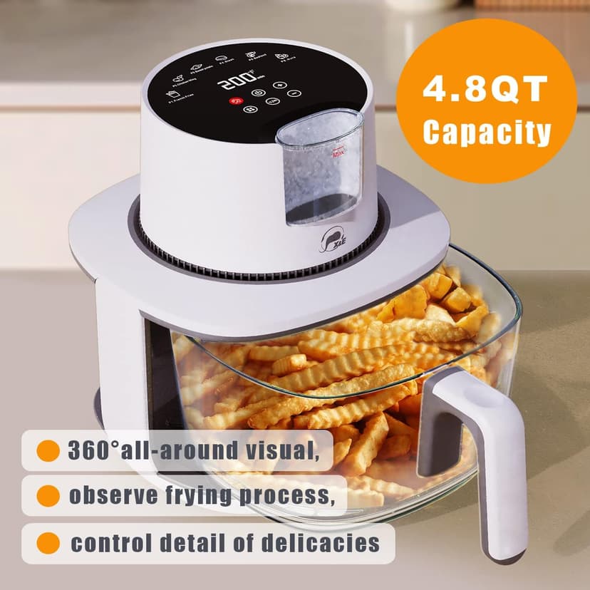 X&E Glass Air Fryer And Juicy Function Air Fryer Plus 6-in-1 Cooking Menus, 4.8 Quart Capacity with Touch Control Panel, 360° Visible Glass Cup, Tender Roast, Digital Electric Hot Airfryer