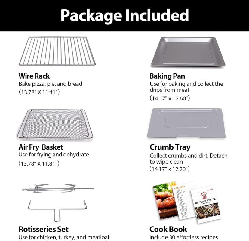 32QT Extra Large Air Fryer, 19-In-1 Air Fryer Toaster Oven Combo with Rotisserie and Dehydrator, Digital Convection Oven Countertop Airfryer Fit 13" Pizza, 6 Accessories, 1800w, Black