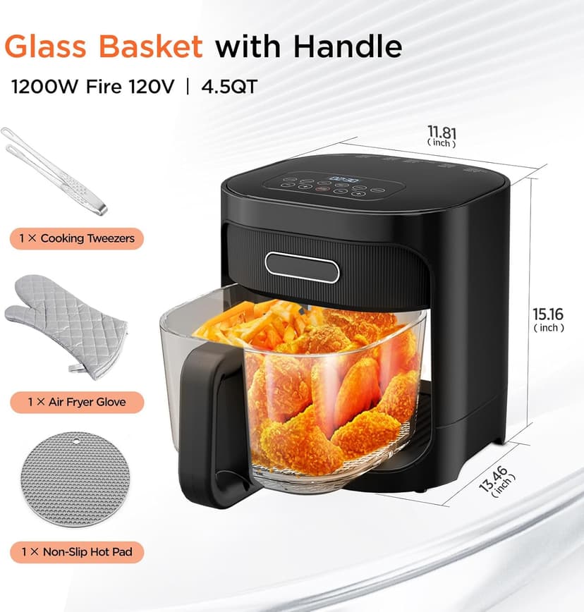 4.5QT Glass Air Fryer,1200W Multiple Air Fryer with Viewing Glass Pot,Nonstick & Dishwasher Safe Basket,Non-Toxic,Features Digital Timer, Automatic Shutoff,Used for French Fries,Fish,Cake (Black)