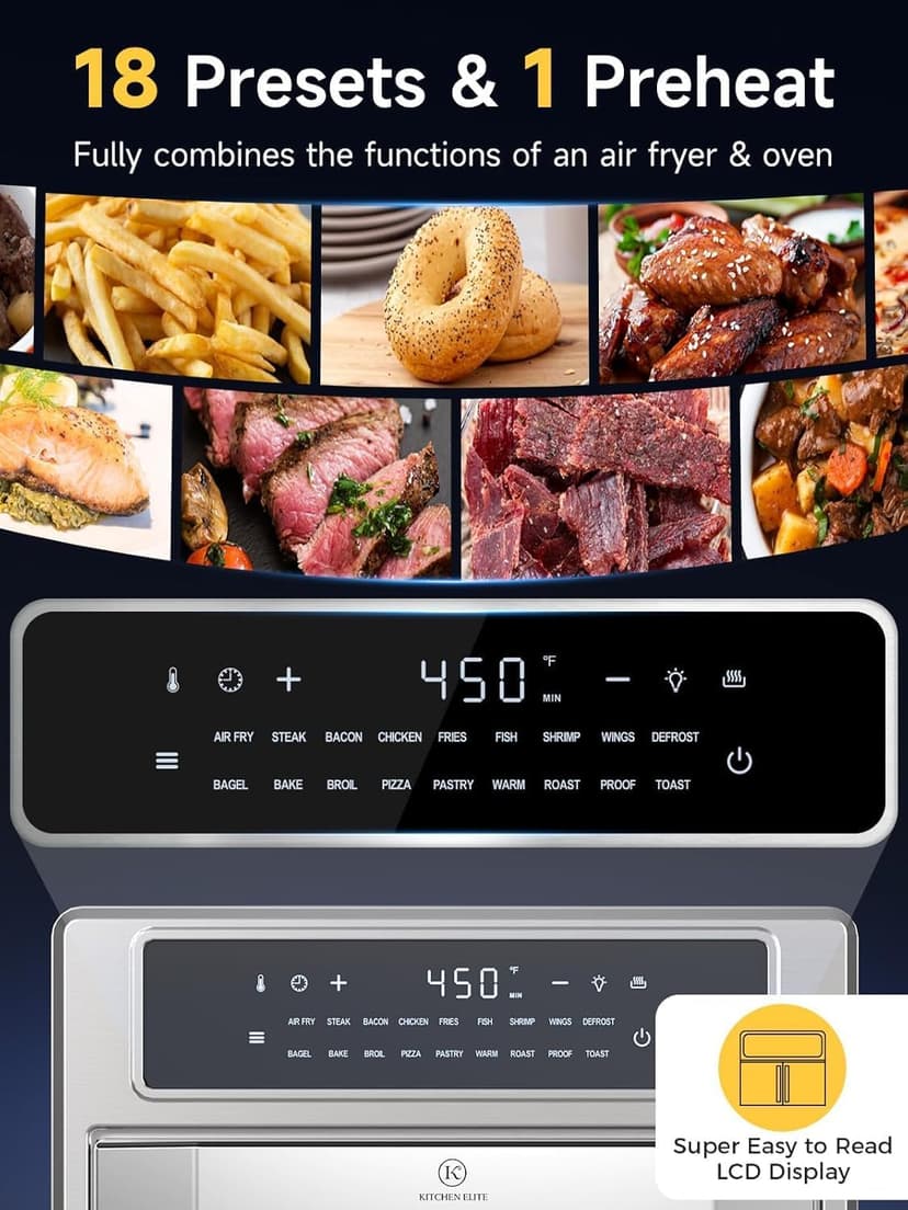 Air Fryer Toaster Oven Combo, 26.4 Qt Convection Oven Countertop, 18-in-1, Stainless Steel Large Airfryer, 4 Zone with Accessories, Digital Full Touch Screen, Easy to Clean