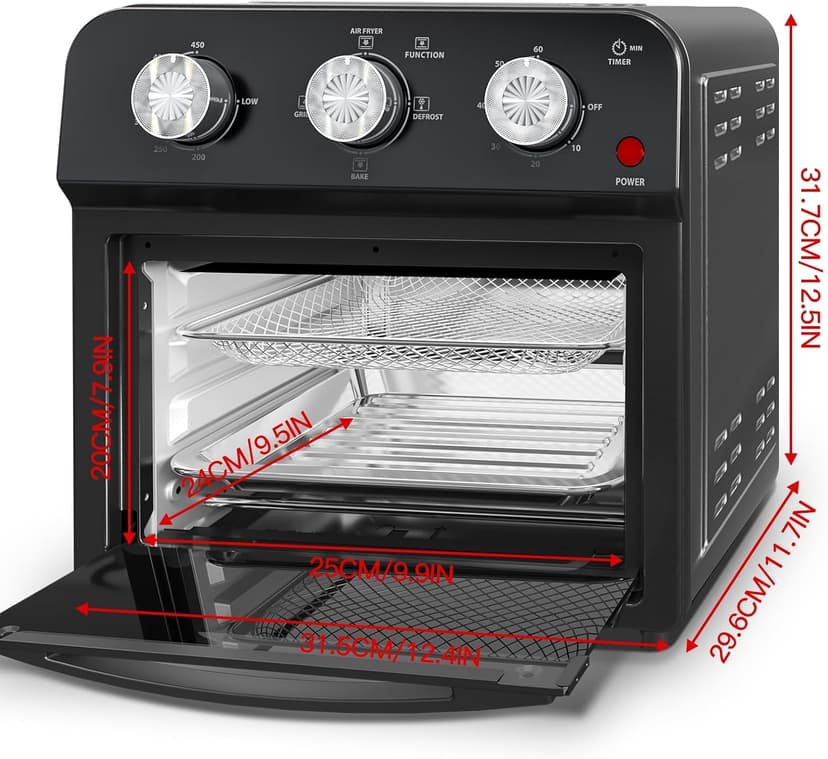 PlumChef 13 Quart 4 Slices Air Fryer Convection Toaster Oven, 1500W, 7 in 1 Multifunction with Roast, Bake, Grill, Broil, Toast, Dehydrate, Defrost (Dark Black)