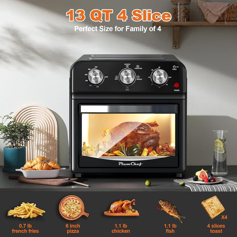 PlumChef 13 Quart 4 Slices Air Fryer Convection Toaster Oven, 1500W, 7 in 1 Multifunction with Roast, Bake, Grill, Broil, Toast, Dehydrate, Defrost (Dark Black)