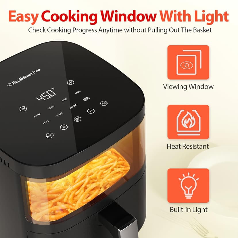 Air Fryer, Beelicious 8-in-1 Smart Compact 4QT Air Fryers, with Viewing Window,Shake Reminder,450°F Digital Airfryer with Flavor-Lock Tech, Dishwasher-Safe & Nonstick,Fit for 1-3 People, Black