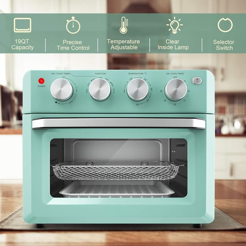 8 in 1 Air Fryer Toaster, 19QT/18L 360Convection Cooking Combo w/ 1-60 Min Timer, Countertop Oven w/ 250-475F Temp Control, Bake/Broil/Toast/Dehydrate/Reheat (Green)
