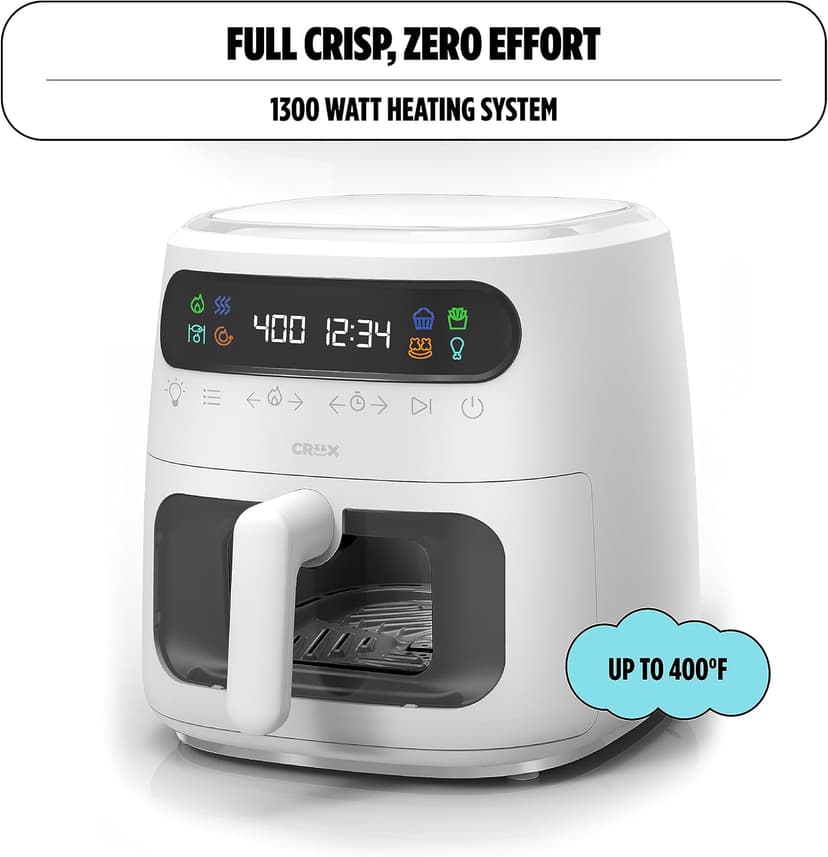 CRUX x Marshmello 8.0 QT Digital Air Fryer with TurboCrisp Technology, Touch Screen Temperature Control, Timer and Auto Shut-off, Fully Programmable, White
