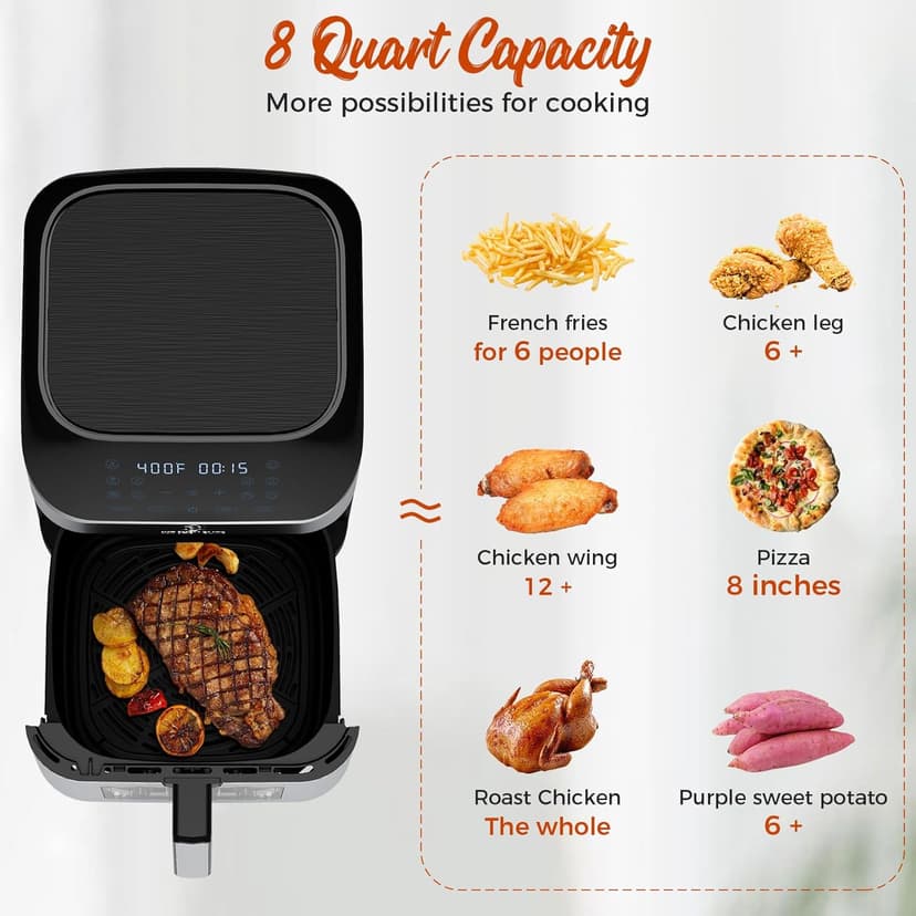 Kitchen Elite®Air Fryer with 360° turbo airflow technology, 8 Preset Functions, 8 Qt Family Size with Probe Thermometer ,Nonstick Square Air Fryer Basket with Window, Auto Shut Off Feature, Black