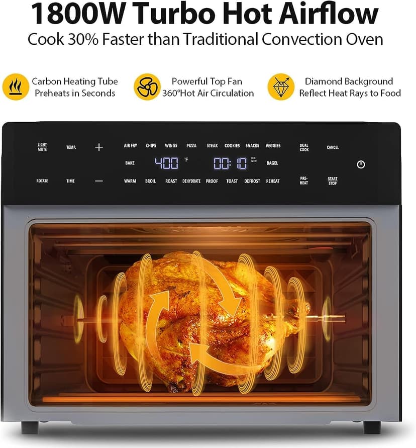 Beelicious® Pro 32QT Extra Large Air Fryer, 19-In-1 Air Fryer Toaster Oven Combo with Rotisserie and Dehydrator, Digital Convection Oven Countertop Airfryer Fit 13" Pizza, 1800w (Black)