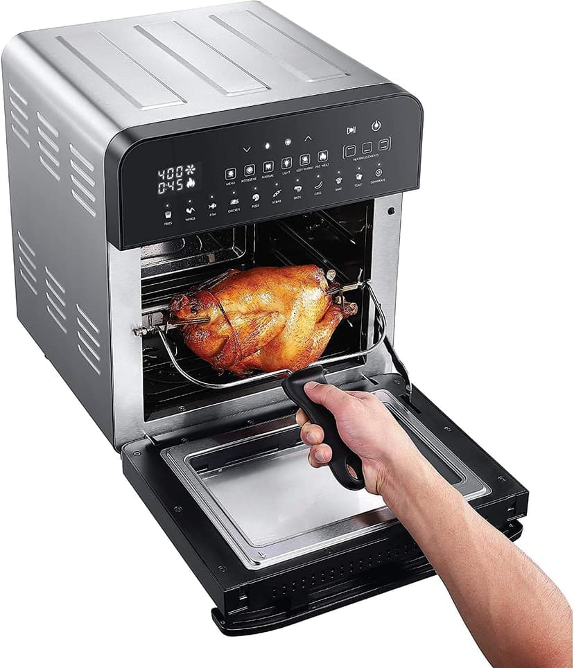 GoWISE USA 14.7-Quart Air Fryer Grill with Dual Heating Elements & Oven with Rotisserie, Dehydrator, Preheat and Broil Functions + 11 Accessories with 2 Recipe Books (Stainless Steel/Black), Ultimate