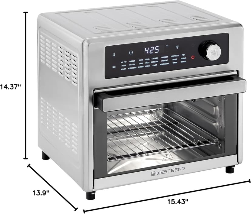 West Bend XL Air Fryer Oven 26-Quart with Digital Controls Easy-View Door and 24 Cooking Presets, Includes Nine Accessories, 1700-Watts, Metallic