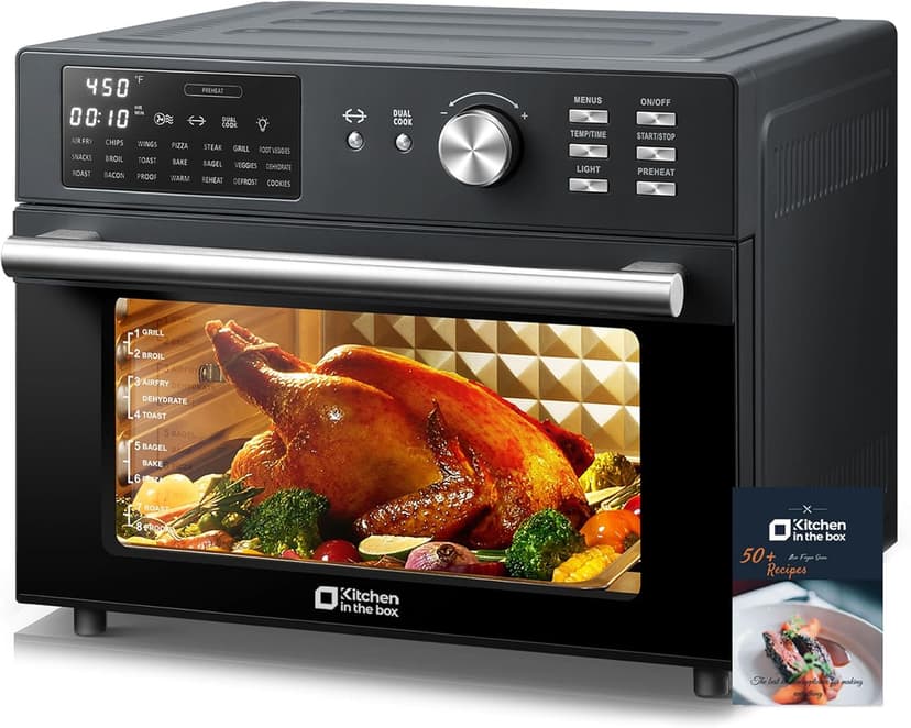 Kitchen in the box 32QT Extra Large Air Fryer Toaster Oven Combo, 21-in-1 Countertop Convection Toaster Oven with Rotisserie and Dehydrate, 6 Accessories, 1800W Dual Cook Preset (Classic Black)