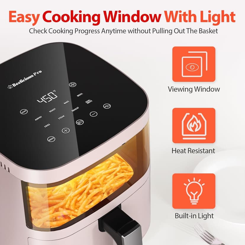 Air Fryer, Beelicious 8-In-One Smart Compact 4QT Air Fryers, with Viewing Window, Shake Reminder, 450°F Digital Airfryer with Flavor-Lock Tech, Dishwasher-Safe & Nonstick, Fit for 1-3 People, Pink
