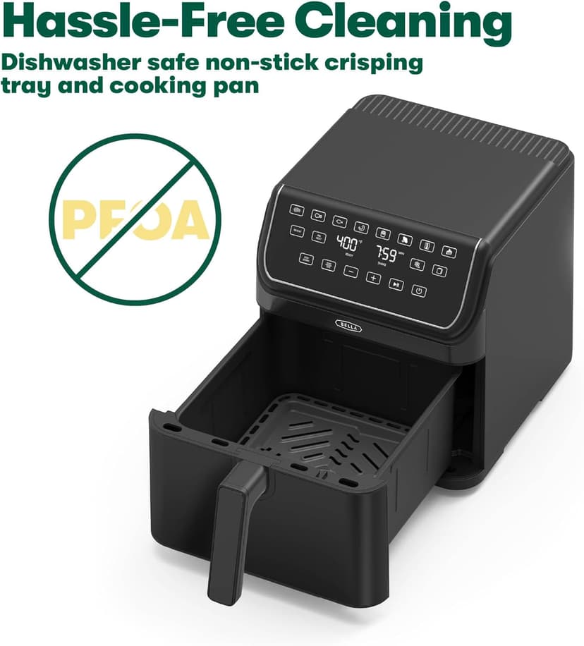 bella 8 Qt Digital Air Fryer with TurboCrisp Technology, Large Family Size Nonstick Cooking Basket and Crisping Tray, Multiple Preset Functions, Auto Shutoff, Black, 1750 Watt