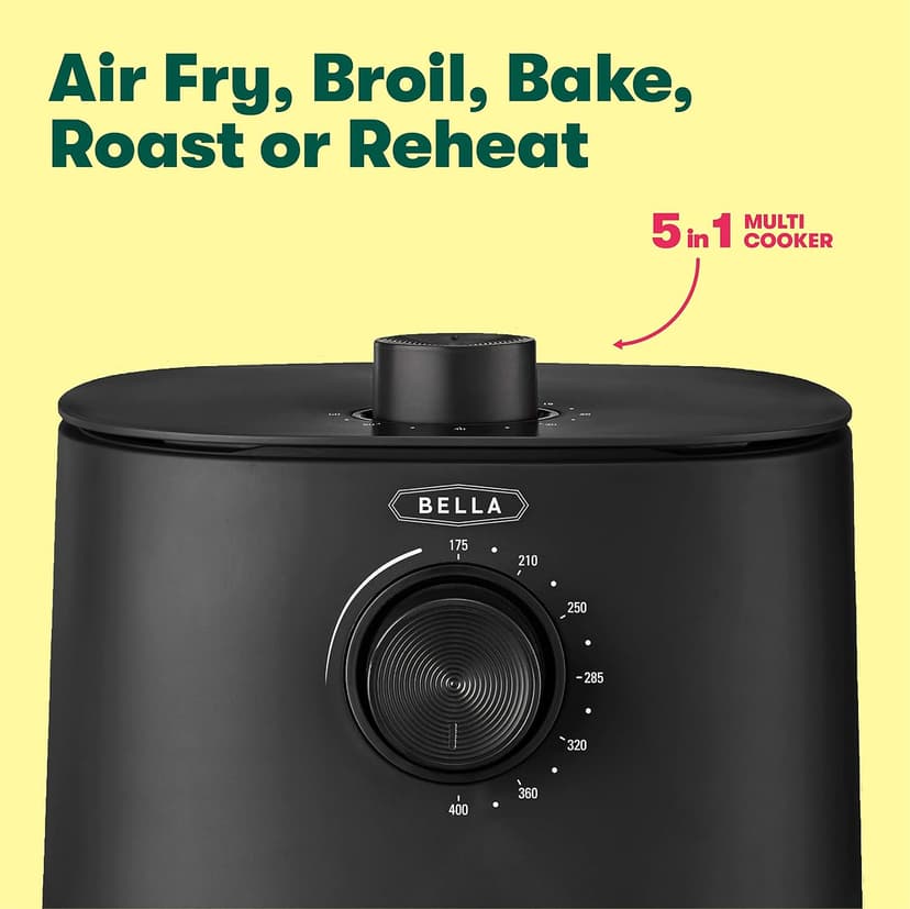 BELLA 3 Qt Manual Air Fryer Oven and 5-in-1 Multicooker with Removable Nonstick and Dishwasher Safe Crisping Tray and Basket, 1400 Watt Heating System, Matte Black