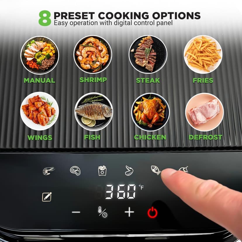 Nutrichef 5.8 Quart Air Fryer 8-1 Preset Cook Modes Transparent Fry Bowl for Best Cooking Results Cook Shrimp, Steak, Fries, Wings, Chicken & More Precise Temperature Control & Time Black
