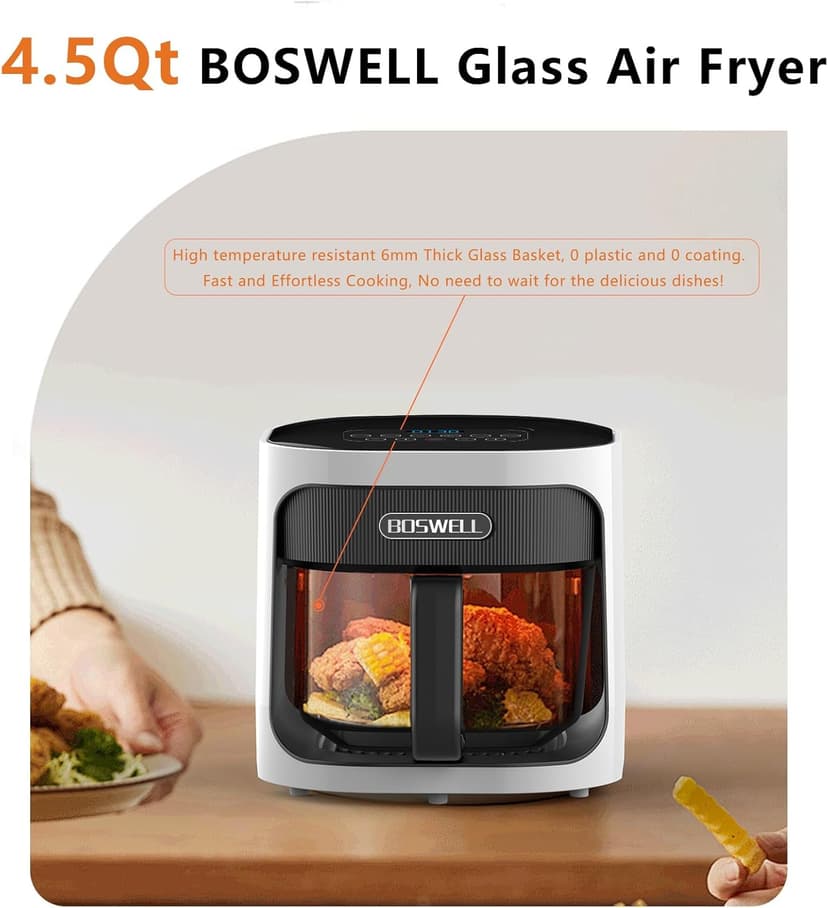 BOSWELL 4.5QT Glass Air Fryer, 6-in-1 Air Fryer with Transparent Fry Bowl, Circulating Air Heating, Bake, Broil, Air Fry, Temperature Control, Dishwasher Safe (White)