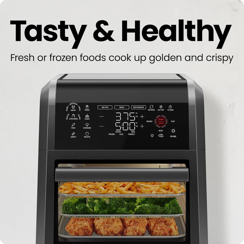 CHEFMAN ExacTemp™ 12 Quart 5-in-1 Air Fryer with Integrated Smart Cooking Thermometer, 28 Touchscreen Presets, Rotisserie, Dehydrator, Bake, XL Convection Oven with Auto Shutoff, Black