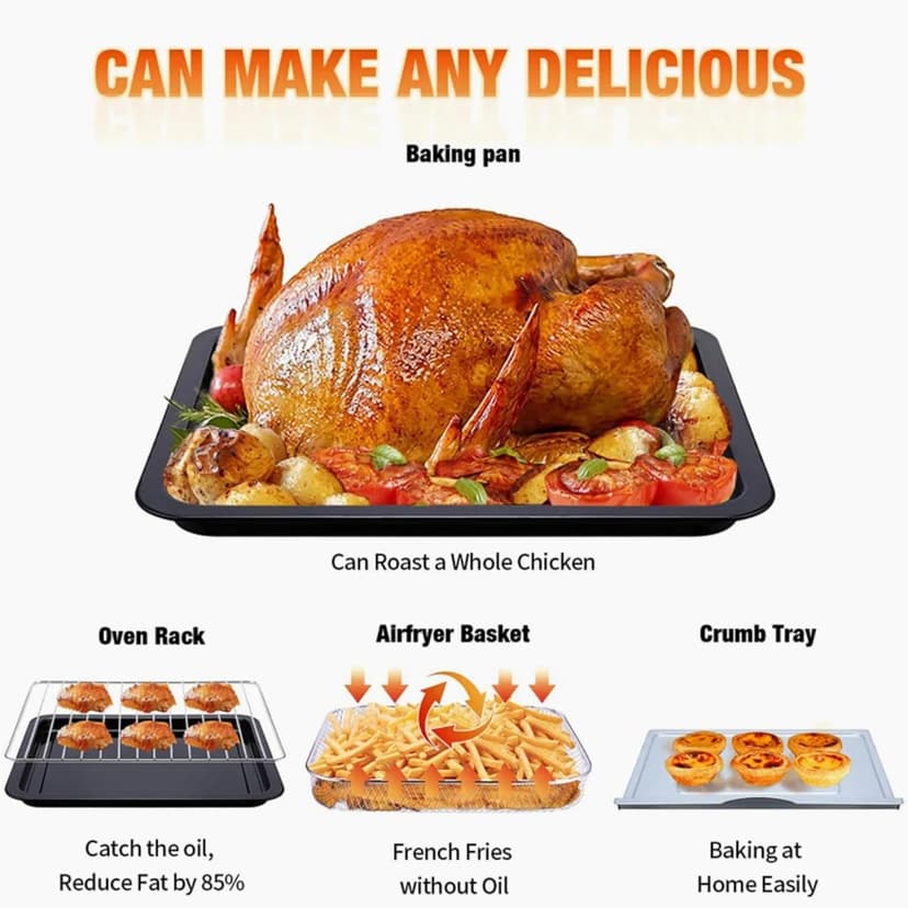 PlumChef 13 Quart 4 Slices Air Fryer Convection Toaster Oven, 1500W, 7 in 1 Multifunction with Roast, Bake, Grill, Broil, Toast, Dehydrate, Defrost (Dark Black)