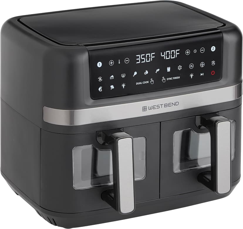 West Bend Air Fryer Dual Basket 10-Quart Capacity with Digital Controls View Windows and 15 Cooking Presets, Nonstick Frying Baskets, Dual Zone Features, 1600-Watts, Black