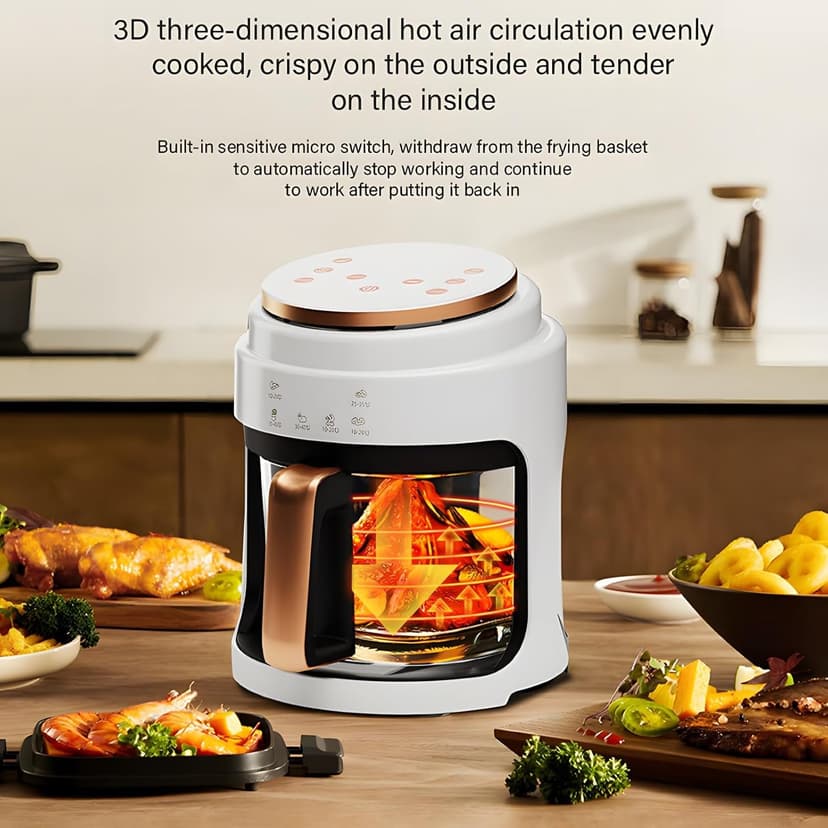 Glass Air Fryer,1100W 4.2Qt Smart Compact Air Fryers,360° Viewing Window,3d Three-Dimensional Hot Air Circulation Evenly,Cooks Quickly, 95% Less Oil for Healthier Meals, Easy To Clean,White