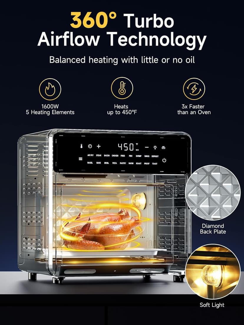 Air Fryer French Door Oven,15.8 Qt Toaster Oven Countertop Combo,18 Presets & 1 Preheat & Light, Airfryer Basket,Wire Rack,Baking Pan,Crumb Tray,Compact Design,Stainless Steel,Small