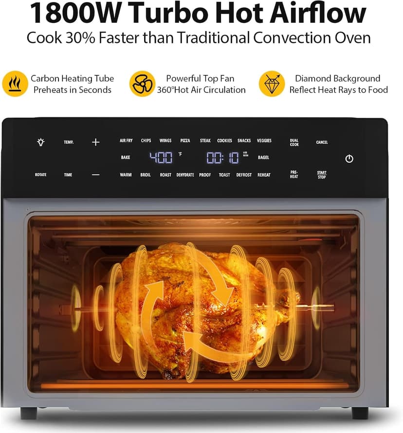 32QT Extra Large Air Fryer, 19-In-1 Air Fryer Toaster Oven Combo with Rotisserie and Dehydrator, Digital Convection Oven Countertop Airfryer Fit 13" Pizza, 6 Accessories, 1800w, Black