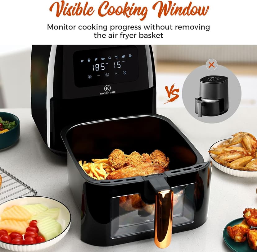 [Kitchen Elite] Air Fryer 8 Qt With Clear Window, Large Airfryer, 8 Presets, One-touch Panel, 360° Turbo Airflow Tech, Nonstick Air Fryers Basket, Dishwasher-safe, Elegant Black Design