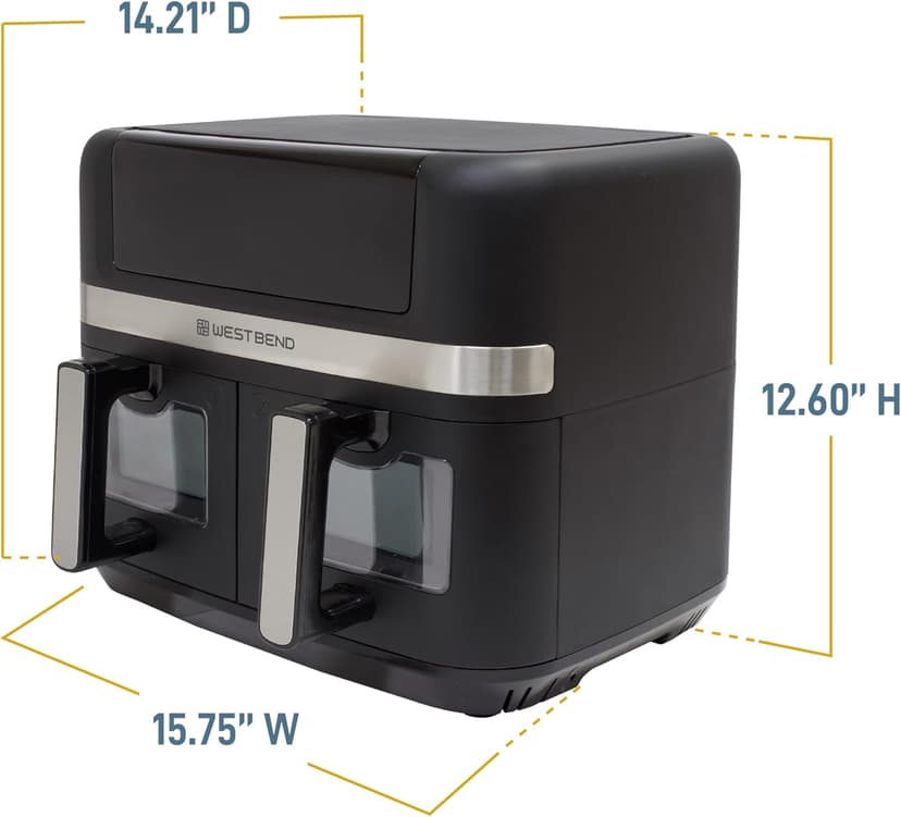 West Bend Air Fryer Dual Basket 10-Quart Capacity with Digital Controls View Windows and 15 Cooking Presets, Nonstick Frying Baskets, Dual Zone Features, 1600-Watts, Black