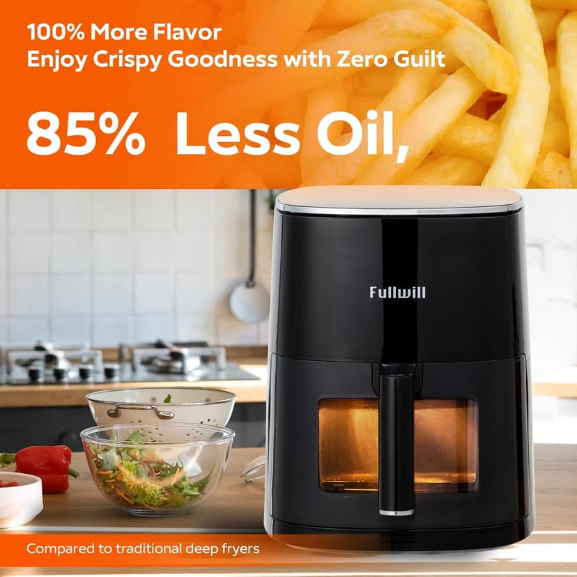 Fullwill Air Fryer with Viewing Window 6QT,5-in-1 Multi-Function(Air Fry,Roast,Bake,Reheat,Dehydrate) plus 7 One-Touch Presets for Wings,Fries,Steak and More,85% Less Oil Cooking for Families