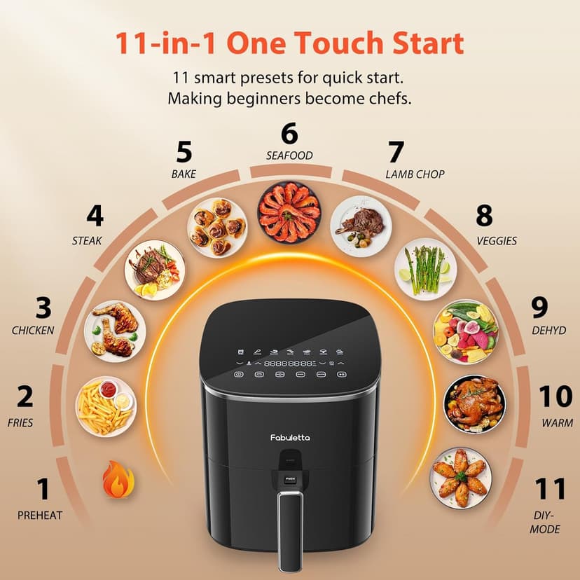 FABULETTA Air Fryer 11-in-1, 6QT Airfryer 450F Max Crisp, Nonstick Basket, Diswasher Safe, Shake Reminder for Roast, Bake, Dry, Reheat, Frozen, Broil, Proof-Black