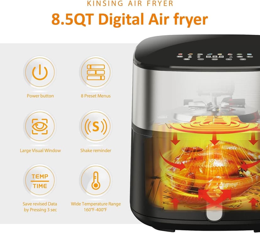 Air Fryer 8 in 1, Large 8.5 QT Airfryer with Easy View Windows,MAX 450℉ for Crispy, 85% Less Oil, Fast Roast, Preheat, Shake, Bake, Non-Stick Basket for Easy Clean, With Professional Recipes