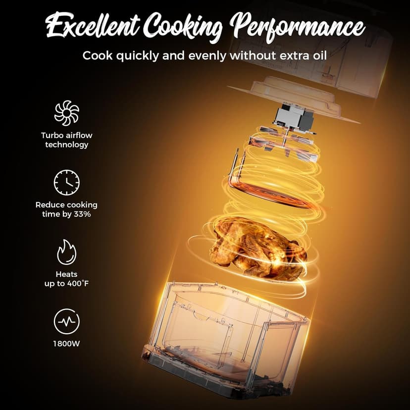 Kitchen Elite®Air Fryer with 360° turbo airflow technology, 8 Preset Functions, 8 Qt Family Size with Probe Thermometer ,Nonstick Square Air Fryer Basket with Window, Auto Shut Off Feature, Black
