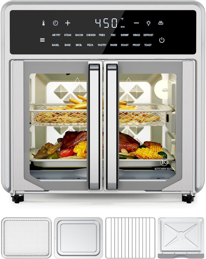 Air Fryer French Door Oven,15.8 Qt Toaster Oven Countertop Combo,18 Presets & 1 Preheat & Light, Airfryer Basket,Wire Rack,Baking Pan,Crumb Tray,Compact Design,Stainless Steel,Small