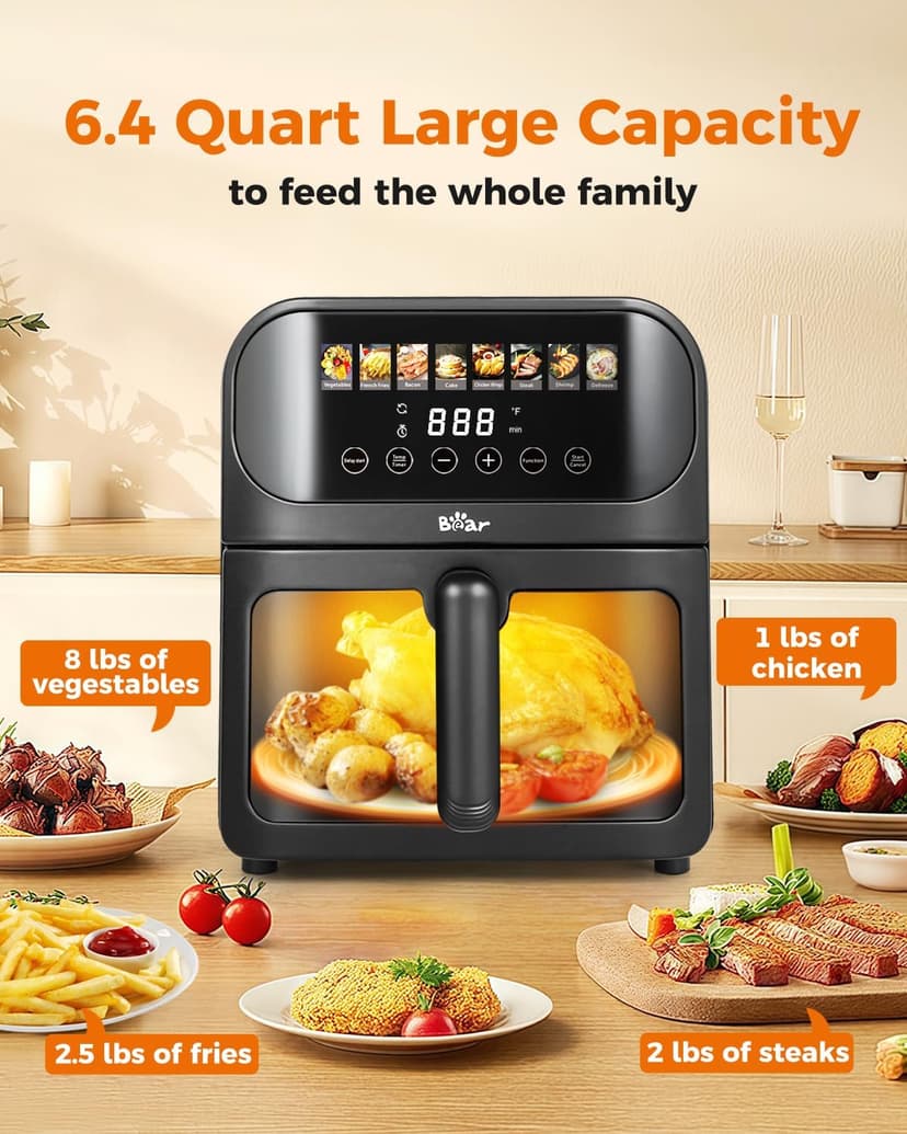 Bear Air Fryer, Stainless Steel Airfryer 8 Presets for Fast Family Meals, 6.4Qt Large Visible Window Temp Timer Adjustable Roast Bake Crisp French Fries Steak, Non Stick Basket Dishwasher Safe