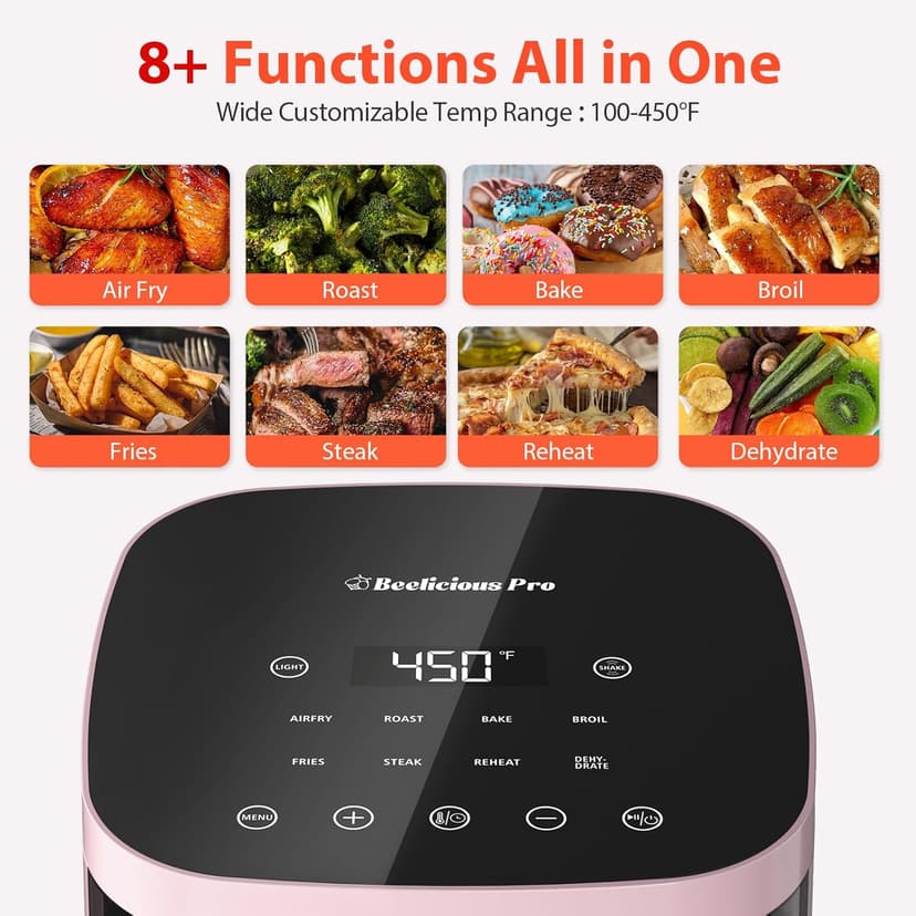 Air Fryer, Beelicious 8-In-One Smart Compact 4QT Air Fryers, with Viewing Window, Shake Reminder, 450°F Digital Airfryer with Flavor-Lock Tech, Dishwasher-Safe & Nonstick, Fit for 1-3 People, Pink