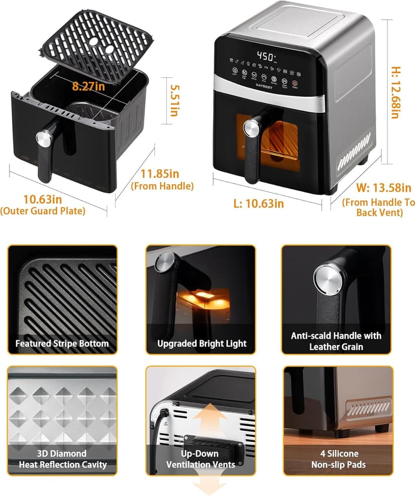 Air Fryer Stainless Steel with Window, DAYBEST 6QT Ceramic Airfryer Non Toxic with Up & Down Heats 1700W Max 450°F, 12 Presets/DIY, Dishwasher Safe Non Stick Basket and Pan (Stainless Steel)