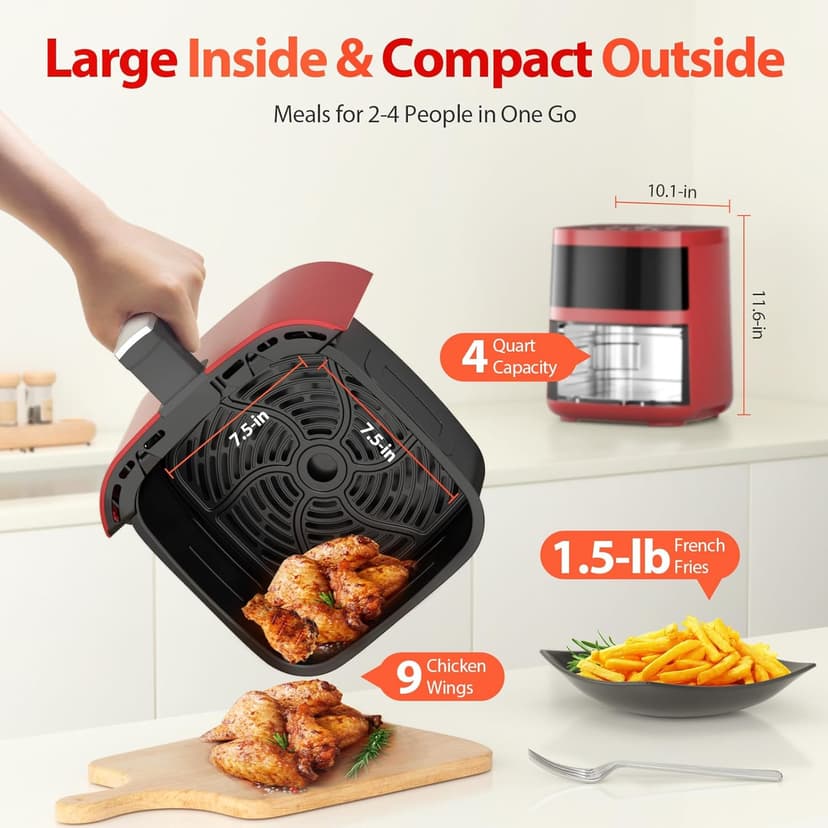 Air Fryer, Beelicious 8-In-One Smart Compact 4QT Air Fryers, with Viewing Window, Shake Reminder, 450°F Digital Airfryer with Flavor-Lock Tech, Dishwasher-Safe & Nonstick,Fit for 1-3 People, Red