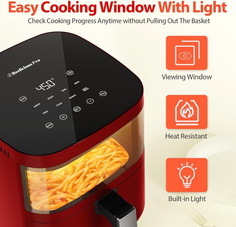 Air Fryer, Beelicious 8-In-One Smart Compact 4QT Air Fryers, with Viewing Window, Shake Reminder, 450°F Digital Airfryer with Flavor-Lock Tech, Dishwasher-Safe & Nonstick,Fit for 1-3 People, Red