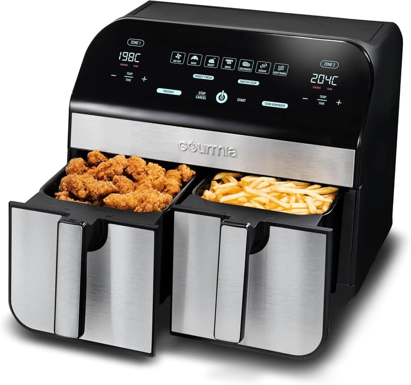 Gourmia 10-Quart/9.4 Liter Capacity Dual Basket Digital Air Fryer, with Smart Finish & 7 Cooking Functions