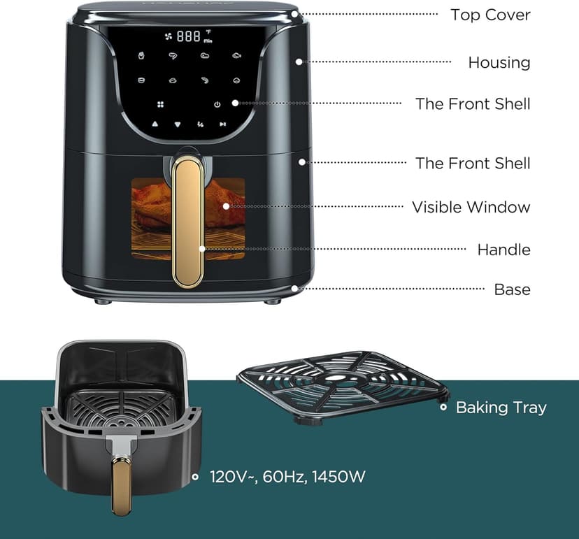 HAUSHOF 5.8 QT Air Fryer Small Oven, Digital Oil-Less Cooker Airfryer, 8 Presets Cooking Functions, Roast, Bake, Reheat, Cook Quikly with Nonstick Tray, Black