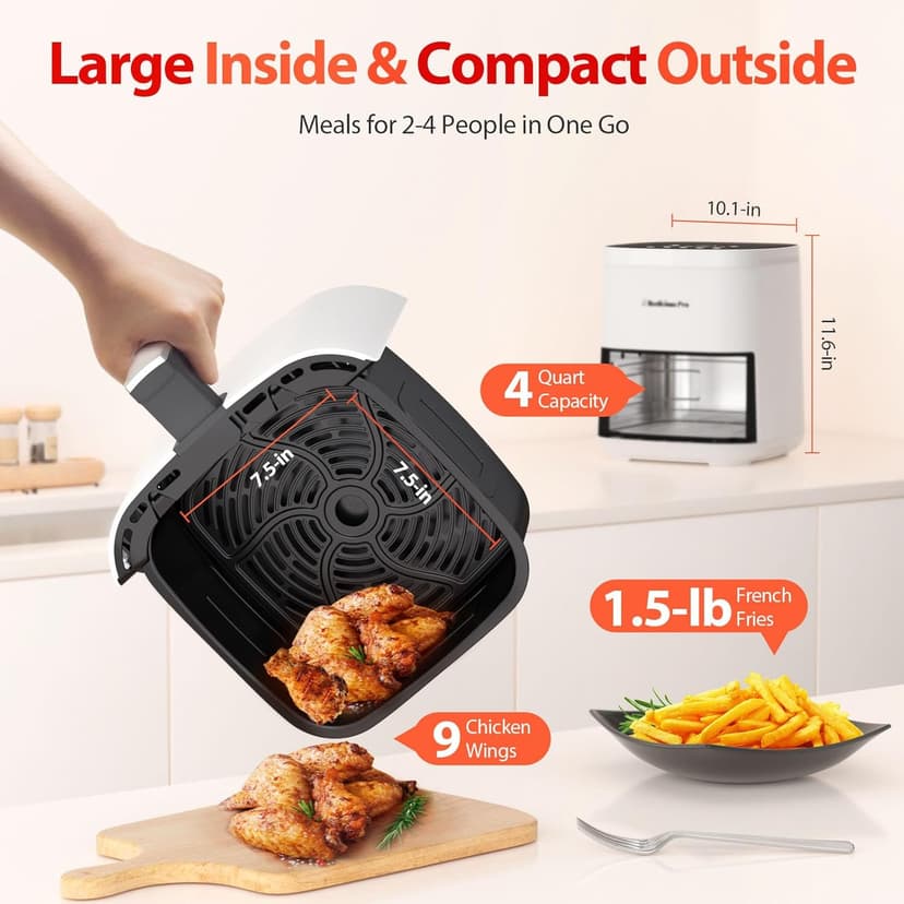 Air Fryer, Beelicious 8-in-1 Smart Compact 4QT Air Fryers,Shake Reminder,450°F Digital Airfryer with Flavor-Lock Tech,Tempered Glass Display,Dishwasher-Safe & Nonstick,Fit for 1-3 People,Bright White