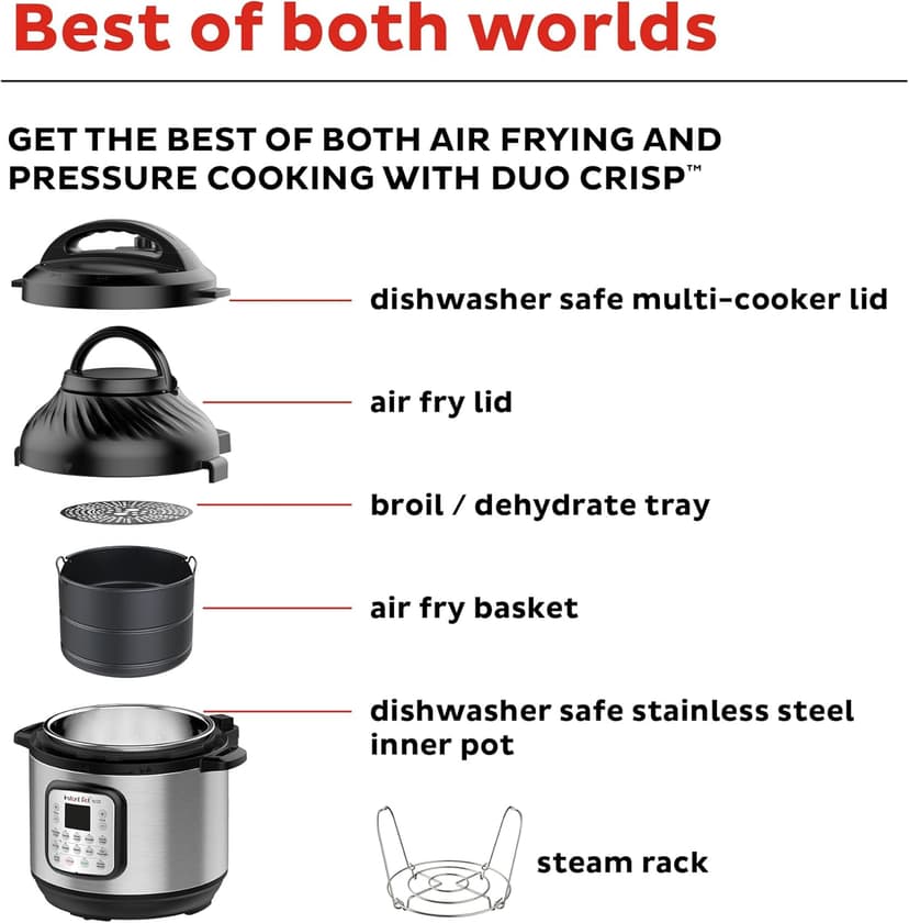 Instant Pot Duo Crisp 11-in-1 Air Fryer and Electric Pressure Cooker Combo with Multicooker Lids that Air Fries, Steams, Slow Cooks, Sautés, Dehydrates, & More, Free App With Over 800 Recipes, 6 Quart