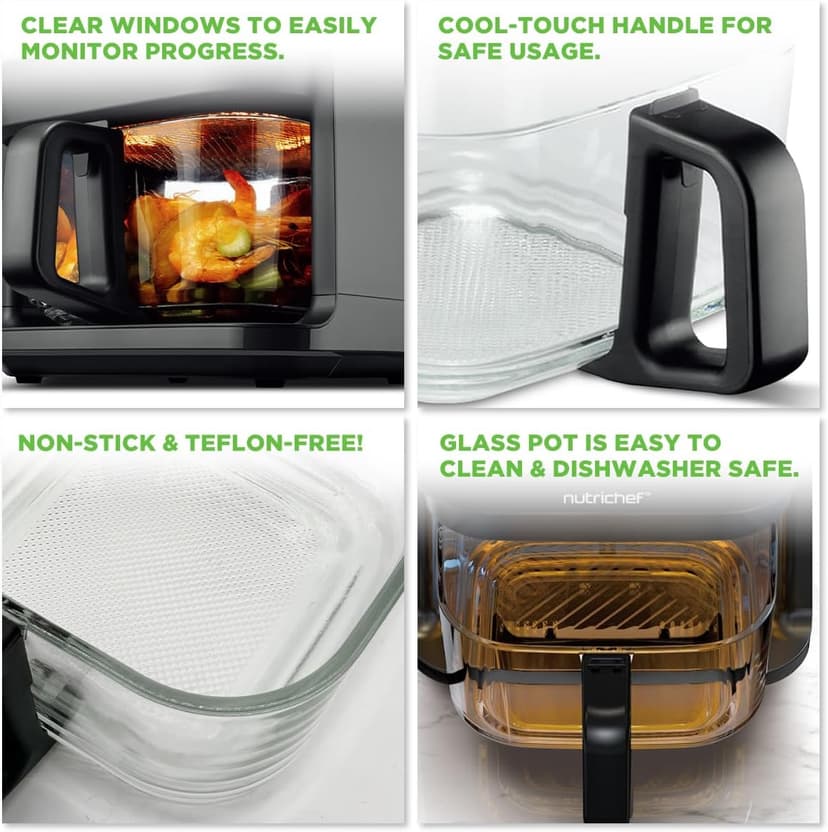 Nutrichef 5.8 Quart Air Fryer 8-1 Preset Cook Modes Transparent Fry Bowl for Best Cooking Results Cook Shrimp, Steak, Fries, Wings, Chicken & More Precise Temperature Control & Time Black