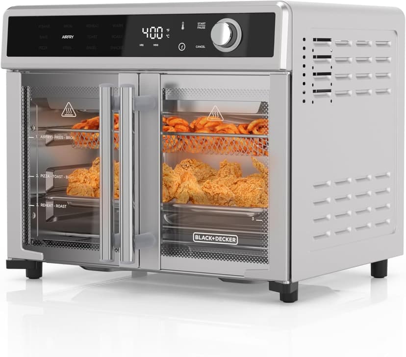 BLACK+DECKER Crisp 'N Bake Air Fryer Toaster Oven Combo, 12 in 1 Countertop Convection Oven Cooks Food Fast, Fits a Whole Pizza or 6 Toast Slices, French Doors with Stainless Steel Finish