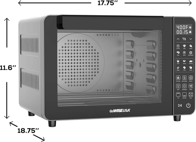 GoWISE USA 25-Quart Air Fryer Oven & Professional Dehydrator with 3 Heating Elements & Rotisserie, 12 Functions, Preheat & 5 Cooking Levels – Fits 12-Inch Pizza, 11 Accessories and Stainless Steel