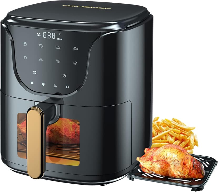 HAUSHOF 5.8 QT Air Fryer Small Oven, Digital Oil-Less Cooker Airfryer, 8 Presets Cooking Functions, Roast, Bake, Reheat, Cook Quikly with Nonstick Tray, Black
