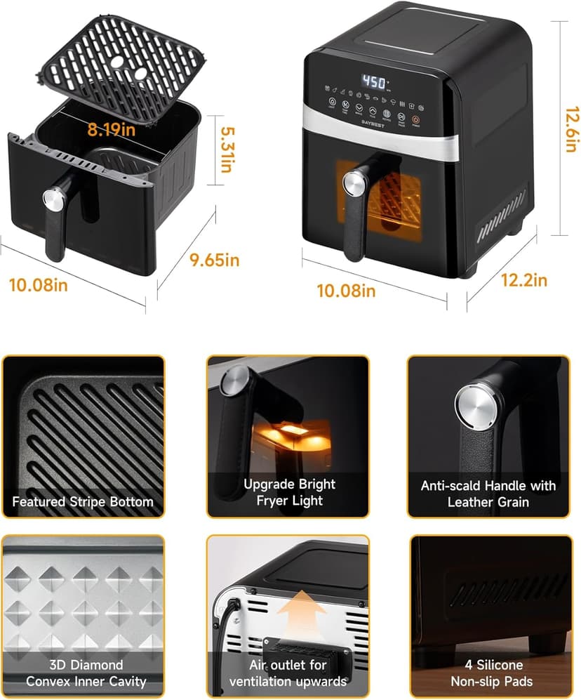 Ceramic Air Fryer Black Stainless Steel, DAYBEST 1700W Non Toxic Air Fryer Visible 6L with Top Bottom Heaters Less Flipping Auto Shut-off with Ceramic Coat Basket and Grill Pan (6L, Black)