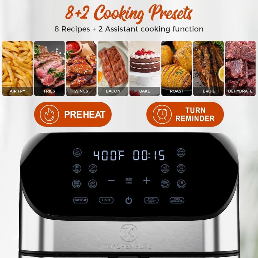 Kitchen Elite®Air Fryer with 360° turbo airflow technology, 8 Preset Functions, 8 Qt Family Size with Probe Thermometer ,Nonstick Square Air Fryer Basket with Window, Auto Shut Off Feature, Black