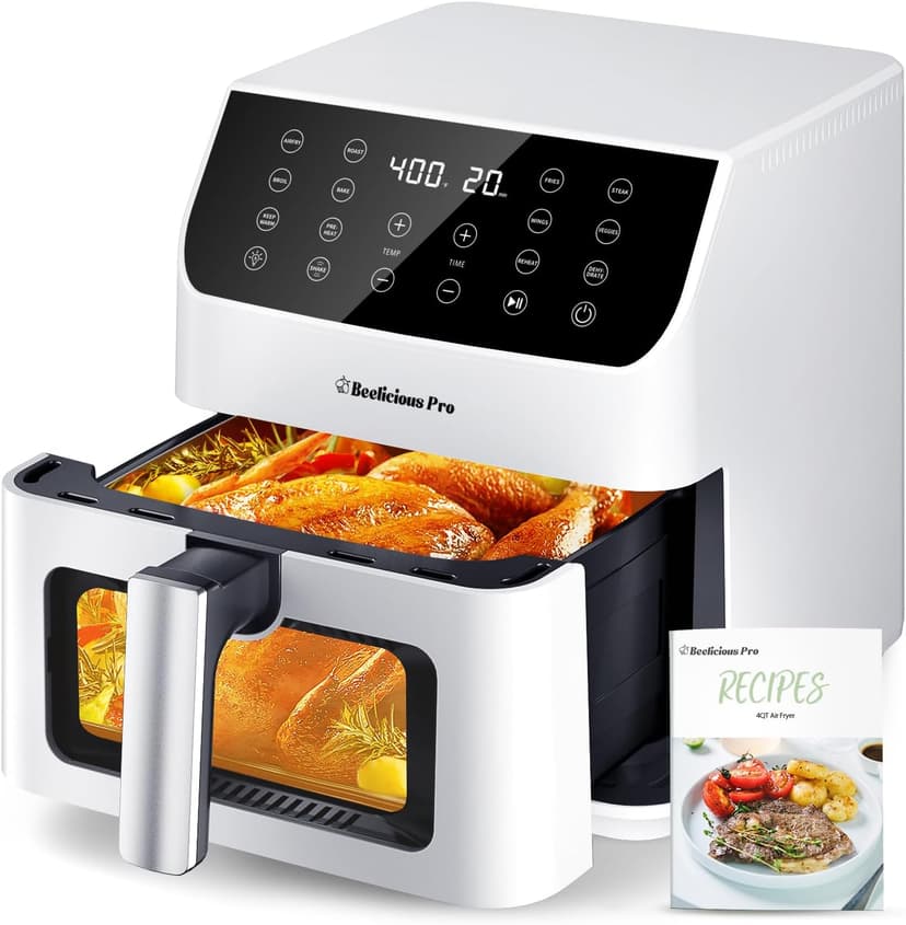 Beelicious 5.8QT Large Air Fryer, 12-in-1 Digital Airfryer with Clear Window, 40+ Recipes, Flavor-Lock Tech, Shake Reminder, Compact, Quiet, Dishwasher Safe, Nonstick (Bright White)
