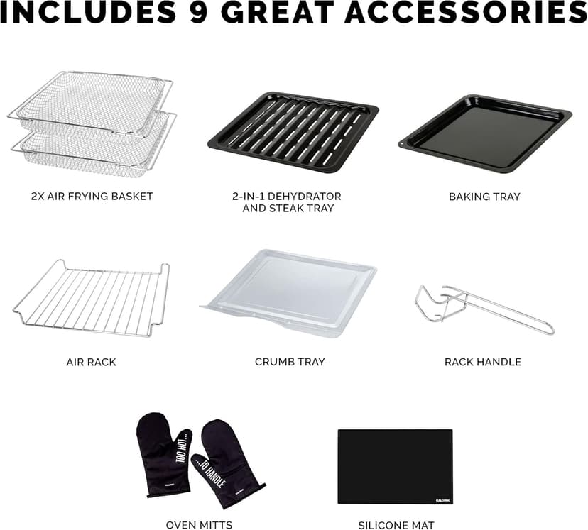 Kalorik MAXX® Digital 16-Quart Air Fryer Oven, 9-in-1 Countertop Toaster Oven and Air Fryer Combo, 21 Smart Presets, 9 Easy-to-Clean Accessories, 1600W, Stainless Steel, AFO 50932 OW