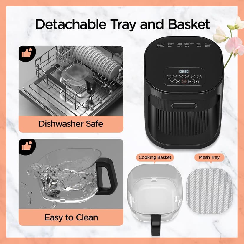 4.5QT Glass Air Fryer,1200W Multiple Air Fryer with Viewing Glass Pot,Nonstick & Dishwasher Safe Basket,Non-Toxic,Features Digital Timer, Automatic Shutoff,Used for French Fries,Fish,Cake (Black)